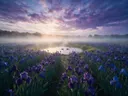 Landschapsfoto van iris bij de ochtendmist, met een koppel eenden