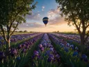 Landschapsfoto van iris bij het gouden uur, met een luchtballon boven de horizon