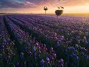 Landschapsfoto van iris bij het gouden uur, met ooievaars in hun nest
