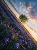 Landschapsfoto van iris bij het gouden uur, met een treurwilg