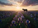 Landschapsfoto van iris bij het gouden uur, met een eenzaam paard