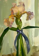 Iris in olijfgroen en oker, botanisch schilderij