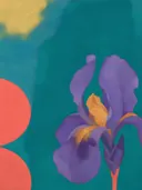 Schilderij van iris van dichtbij in petrol en koraal