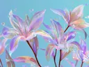 Schilderij van iriserende glazen lelies met dauwdruppels