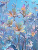 Schilderij van iriserende kristallen lelies met bijpassende vlinders