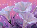 Schilderij van iriserende trompetbloemen tegen een roze lucht