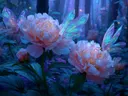 Schilderij van glinsterende vlinders op roze pioenrozen bij nacht