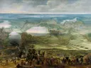 Isabella Clara Eugenia en het beleg van Breda, 1624-1625 van Peter Snayers: landschap met panorama, leger, ruiters en verte, in blauwgroen en oker