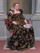 Isotta Brembati van Giovanni Battista Moroni: portret met vrouw, brokaatjurk, waaier en zuilen, in zwart met goud en rood