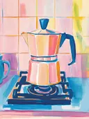Schilderij van een Italiaans koffiezetapparaat op een gaskomfoor.