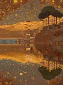 Italiaans kustdorp op een heuvel met pijnboom, weerspiegeld in het water bij zonsondergang