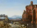 Italiaans landschap met de Aureliaanse muur van Navolger van Bartholomeus Breenbergh: landschap met ruine, muur, rivier en figuren, in licht blauw met okerrood