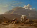 Italiaans landschap met een herdersjongen die met zijn hond speelt van Karel Dujardin: landschap met herder, wit paard, hond en schapen, in warm okerbruin met blauw