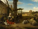 Italiaans landschap met herberg en antieke ruïnes van Jan Baptist Weenix: landschap met ruine, schapen, figuren en zuilen, in warm bruin met blauw
