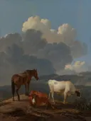 Italiaans landschap met vee van Karel Dujardin: dieren met paard, koeien, wolken en heuvels, in warm bruin met helder blauw