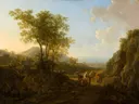 Italiaans landschap van Jan Both: landschap met bomen, heuvels, wolken en vee, in warm goudgroen