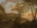 Italiaans landschap van Jan Both: landschap met bomen, bergen, reizigers en pad, in warm goudbruin