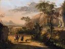Italiaans landschap van Jan Hackaert: landschap met bomen, bergen, ruiters en pad, in warm goudbruin