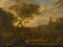 Italiaans landschap van Jan van Huysum: landschap met bomen, ruine, wolken en water, in warm goudbruin