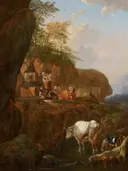 Italiaans landschap van Johann Heinrich Roos: landschap met vee, herders, rotsen en ruine, in warm bruin en groen