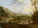Italiaans landschap van Johannes Lingelbach: landschap met bomen, heuvels, ruiters en water, in goudbruin en blauw