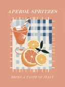 Illustratie van een oranje aperitief drankje met sinaasappelschijfjes op geruit tafellaken.