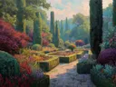 Schilderij van een Italiaanse tuin met cipressen