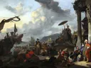 Italiaanse zeehaven van Johannes Lingelbach: stad met haven, schepen, mensen en parasol, in warm bruin en blauw