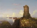 Italian Coast Scene with Ruined Tower 1838 van Thomas Cole: zee met kust, toren, zee en rotsen, in warm goud en blauw