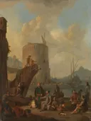 Italian Harbor with a Fortified Tower van Johannes Lingelbach: zee met haven, toren, schepen en mensen, in warm beige met blauw