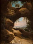 Italian Landscape with a view from a Grotto van Jan Asselijn: landschap met grot, rotsen, doorkijk en pad, in warm bruin en okergeel