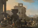 Italian Marketplace with a Quack Dentist van Johannes Lingelbach: figuren met markt, mensen, ruïnes en kraam, in warm oker en grijs