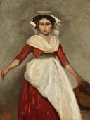 Italian woman holding a jug van Jean-Baptiste-Camille Corot: portret met vrouw, rode rok, witte schort en kruik, in rood en wit