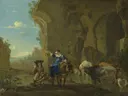 Italianate landscape with travellers by a stream with cattle van Jan Asselijn: landschap met ruine, herders, koeien en boog, in warm olijfgroen en blauw