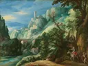 Italianiserend berglandschap met de Emmausgangers? van Paul Bril: landschap met bergen, rotsen, brug en kasteel, in blauwgroen en oker