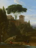 Italianiserend landschap met gebouwen van Jan Willemsz Lapp: landschap met toren, parasolden, water en figuren, in warm bruin met blauw