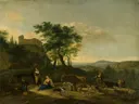 Italianiserend landschap met herders van Jan Willemsz Lapp: landschap met herders, bomen, geiten en heuvels, in gedempt groen en oker