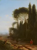 Italianiserend landschap van Jan Willemsz Lapp: landschap met parasoldennen, cipressen, pad en reiziger, in warm bruin met blauw