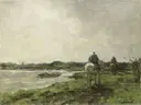 Jaagpad van Jacob Maris: landschap met jaagpad, paard, water en weiland, in gedempt groen en grijs
