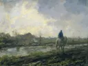 Jaagpad van Jacob Maris: landschap met jaagpad, paard, water en weiland, in gedempt groen en grijs