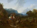 Jacht op wilde zwijnen van Nicolaes Pieterszoon Berchem: landschap met jacht, honden, ruiters en bergen, in warm bruin met blauw