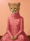 Surrealistisch portret van een vrouw met jachtluipaardkop in roze jurk