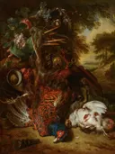 Jachtstilleven met dode vogels van Jan Weenix: stilleven met vogels, jachtbuit, bloemen en zwaan, in donkerrood en bruin