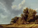 Jacobsz van landschaft van Salomon van Ruysdael: landschap met duinen, boerderij, bomen en zandweg, in warm okerbruin