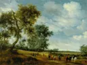 Jacobsz van raubzug van Salomon van Ruysdael: landschap met bomen, ruiters, vee en weide, in warm groen en oker