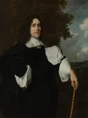 Jacobus Trip (1627 70), Armaments Dealer of Amsterdam and Dordrecht van Bartholomeus van der Helst: portret met man, zwart kostuum, wandelstok en landschap, in donker met wit