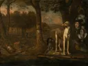 Jager met honden en dode hazelhoen in een landschap van Govert Dircksz Camphuysen: dieren met bomen