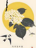 Schilderij van hortensia's met een vogel in oosterse stijl