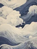 Japanse houtsnede-achtige illustratie van golven in marineblauw en crèmekleur.