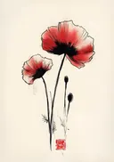 Inkttekening van rode klaprozen in Japanse stijl